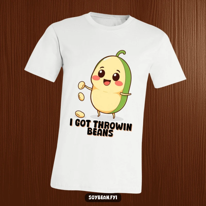 Funny Kawaii soybean character t-shirt, smiling widely and throwing a small bean, showcasing a playful and energetic vibe.