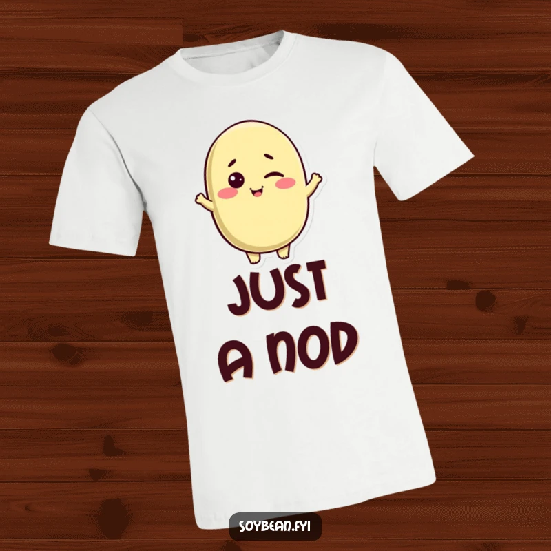 Funny Kawaii soybean character t-shirt, captured mid-wink with a friendly nod, conveying approachability and humor.