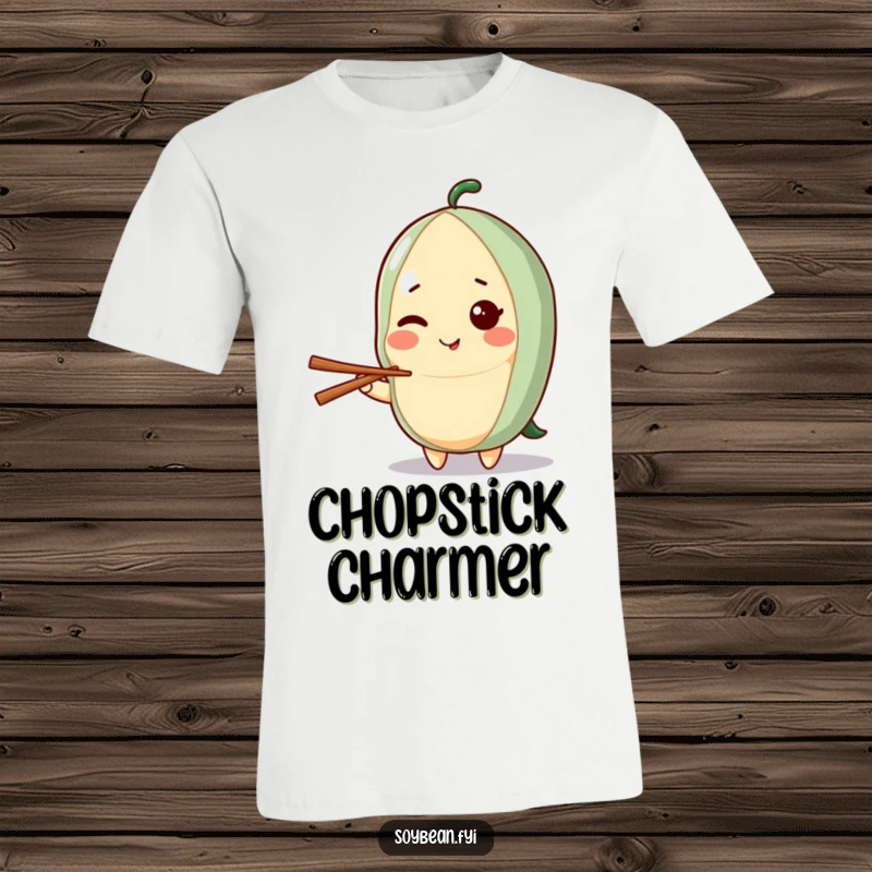 Funny t-shirt featuring a kawaii soybean character giving a delightful wink while holding a chopstick, exuding playful sophistication and humor.