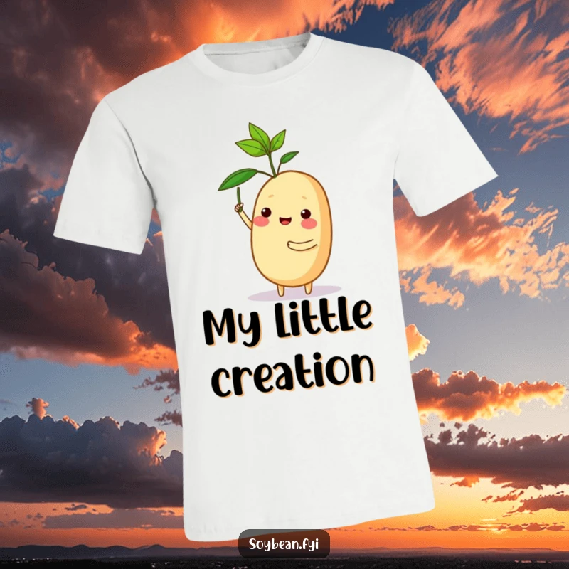 Funny t-shirt depicting a proud soybean character holding up a tiny sprout, symbolizing accomplishment and nurturing.