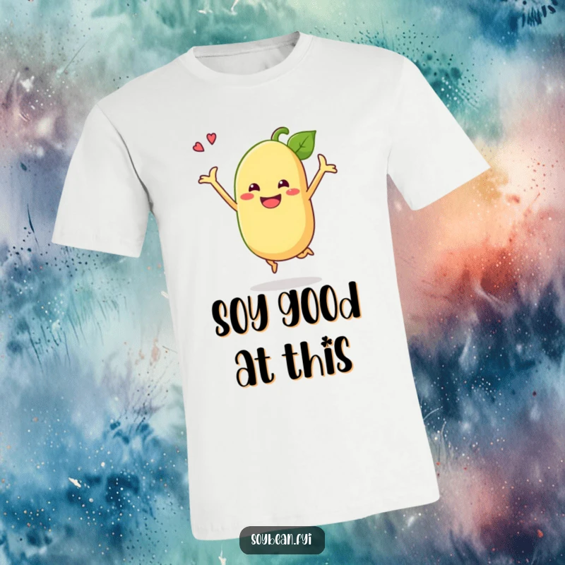 Funny soybean t-shirt with a grinning anthropomorphic soybean doing a celebratory jump, ideal for active and humorous wear.