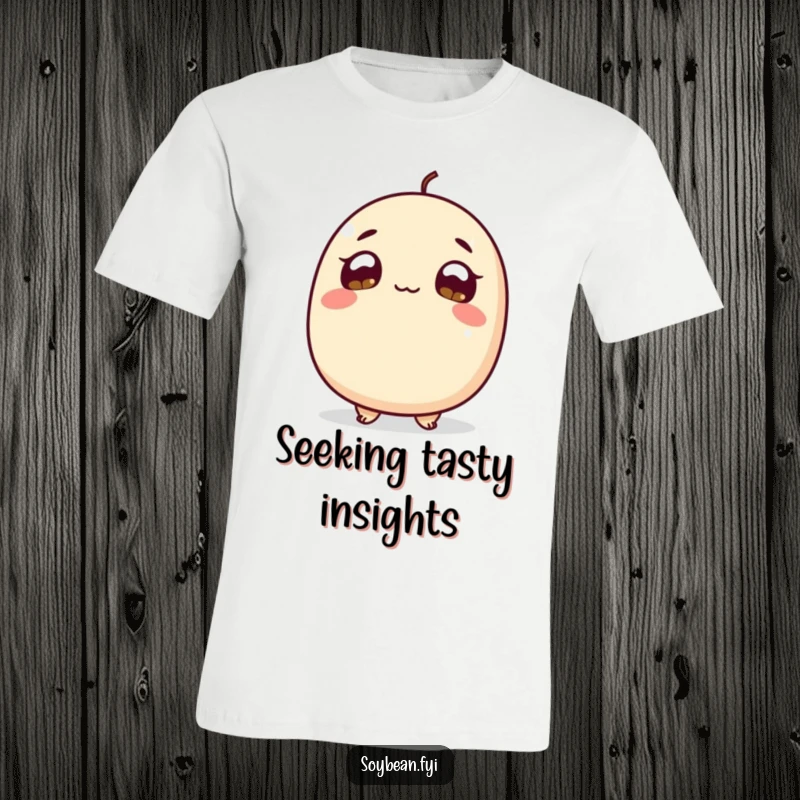 Funny T-Shirt: A soybean character with wide, hopeful eyes looking up, expressing curiosity and a gentle, inquisitive spirit.