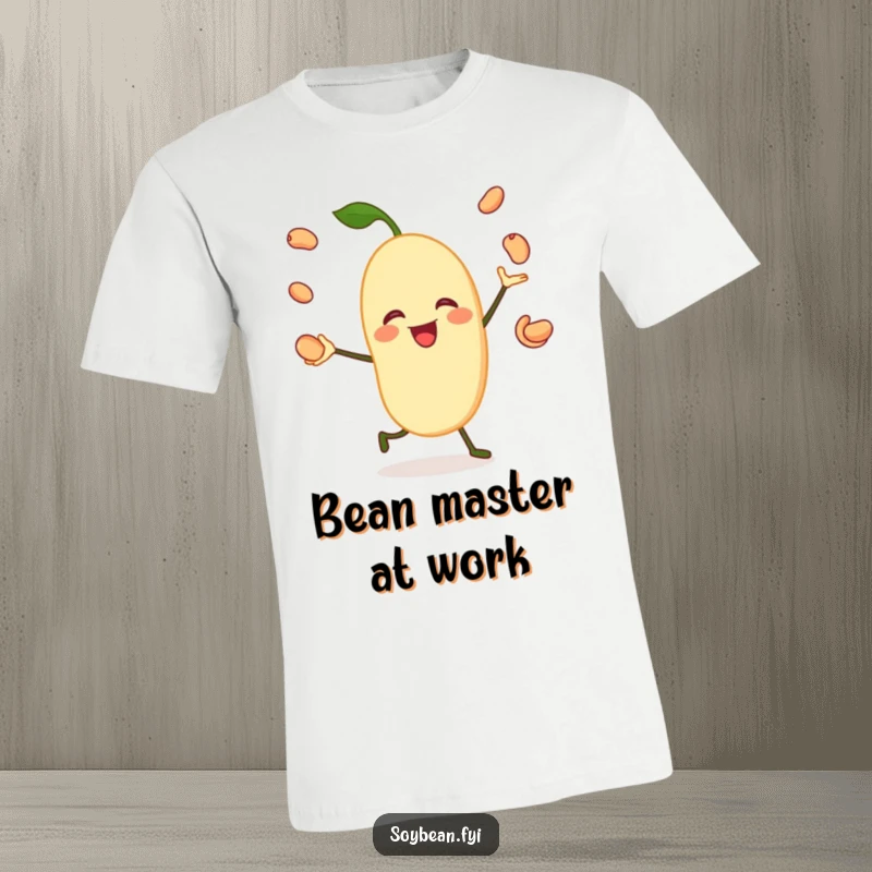 Funny t-shirt depicting a jovial soybean character expertly juggling its own beans, highlighting fun and energetic playfulness.