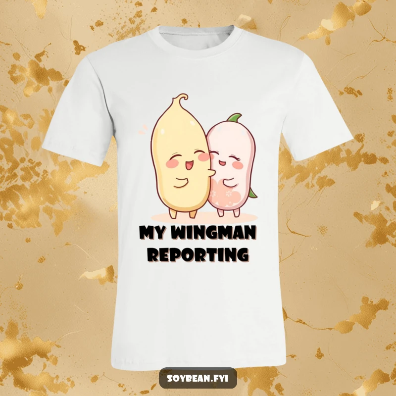 Funny t-shirt design of a soybean character playfully winking and nudging another, radiating a spirit of lighthearted camaraderie.