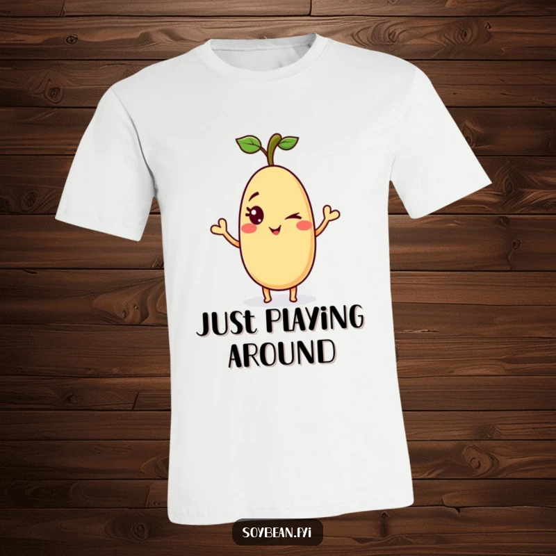 Funny soybean t-shirt with a playful anthropomorphic soybean giving a mischievous wink and a wave, ideal for fun and humorous wear.