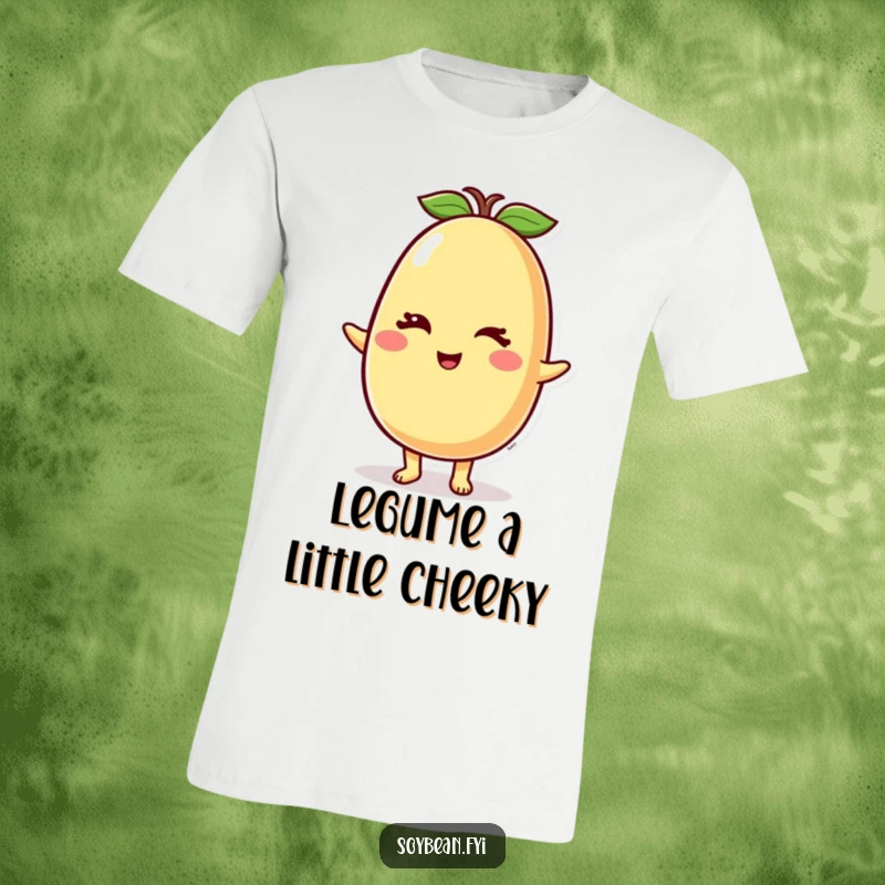 Funny Soybean T-Shirt showcasing a happy soybean character with a mischievous, friendly wink, ideal for casual wear and spreading smiles.