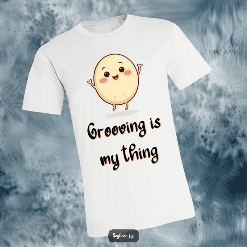 Funny t-shirt depicting a round soybean character in the midst of a joyful, energetic jig.