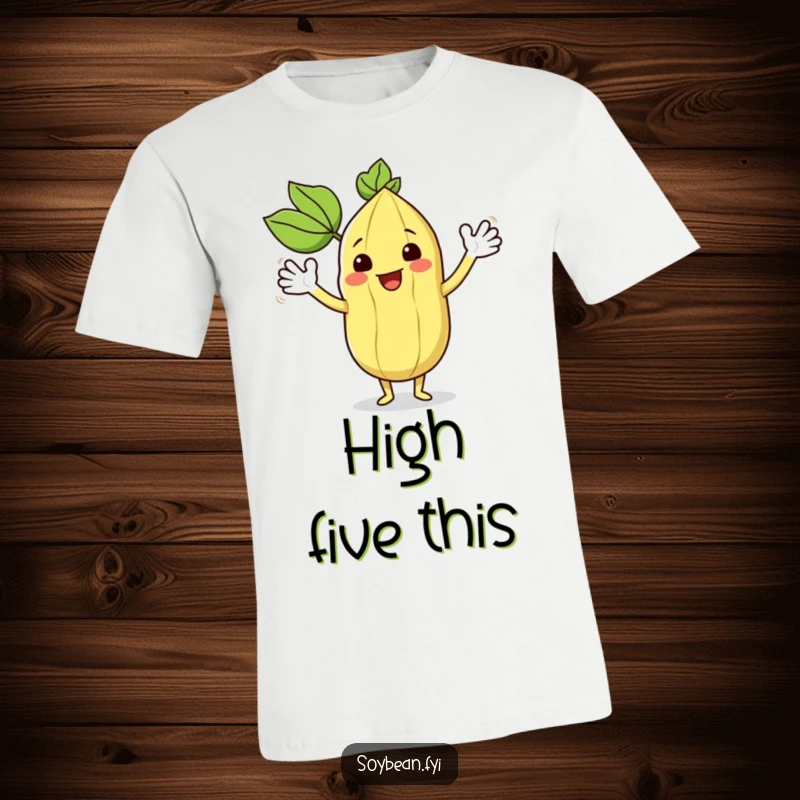 Funny kawaii soybean character happily waving its leafy arms, wearing a funny t-shirt.