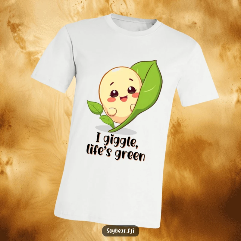 Funny t-shirt showcasing a giggling soybean character peeking playfully from behind a leaf, conveying joy and curiosity.