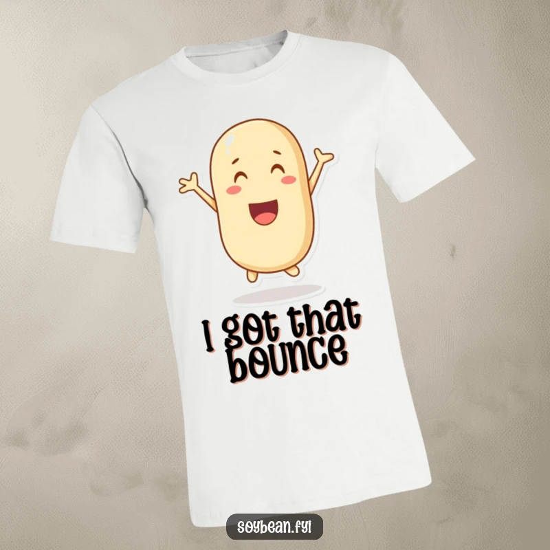 Funny t-shirt showcasing a beaming soybean character caught in a moment of ecstatic, joyful leaps.