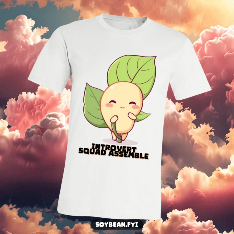 Funny Soybean T-Shirt: A shy soybean peeks from behind a big leaf, conveying shyness and gentle humor.