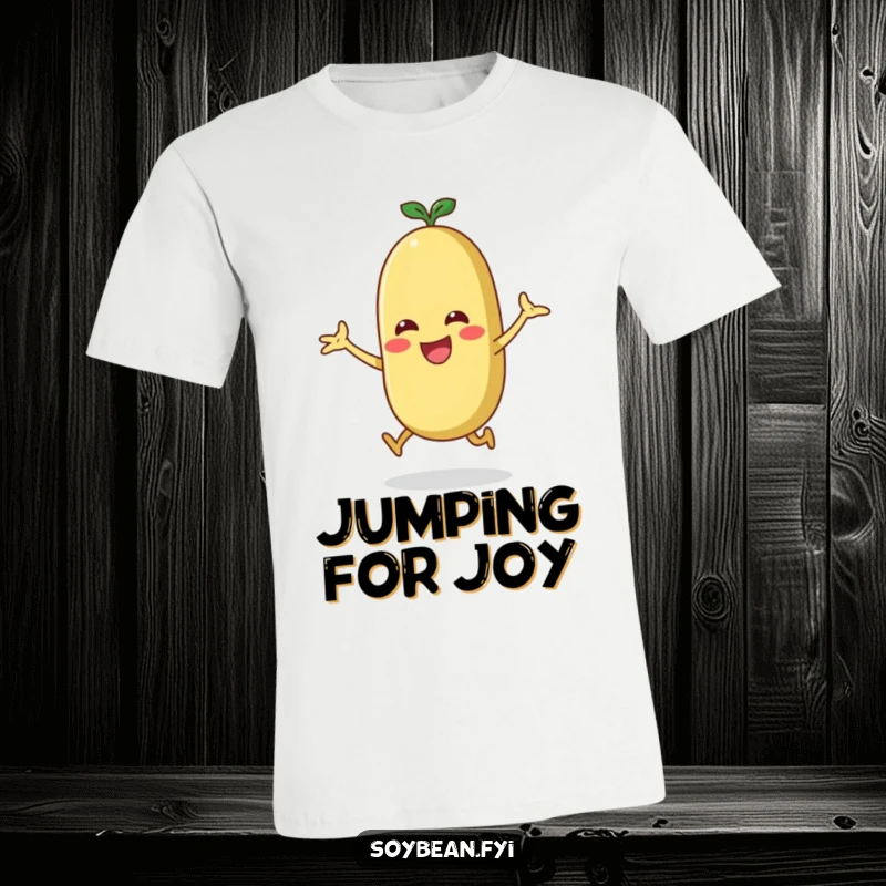 Funny energetic soybean doing a jumping jack motion on a t-shirt, promoting fun and activity.