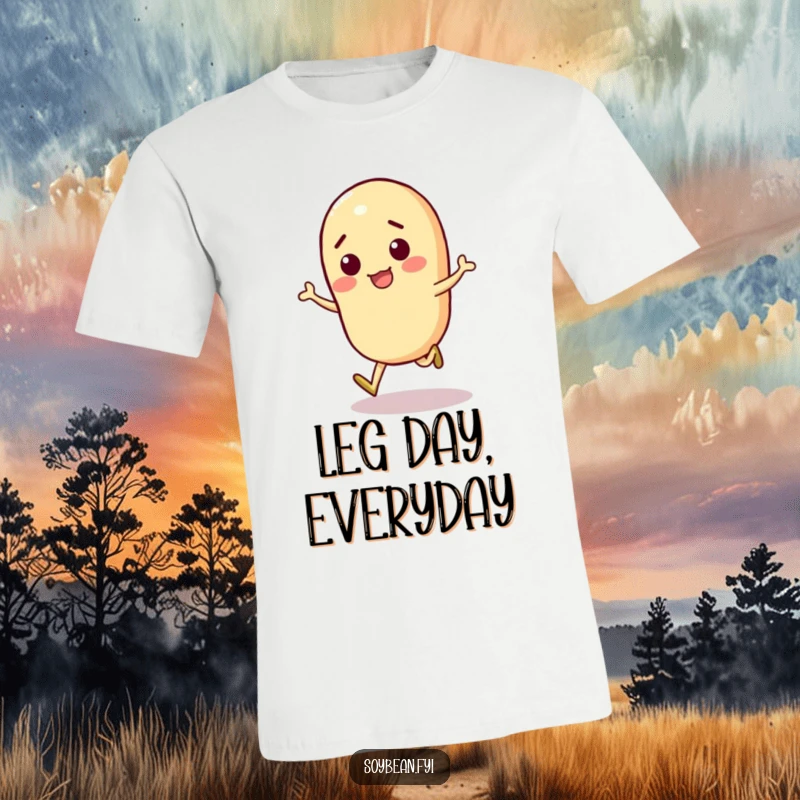 Funny Soybean T-Shirt showcasing a lively soybean character in a joyful skip, embodying playful energy.