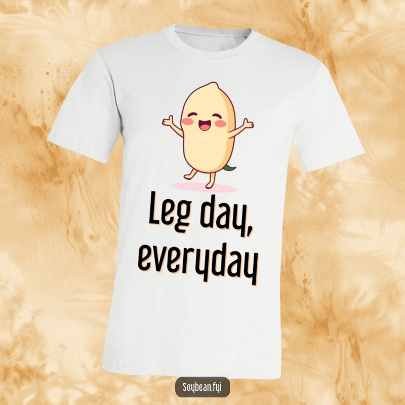 Funny dancing soybean t-shirt graphic, depicting a gleeful soybean performing an energetic dance, full of life and humor.