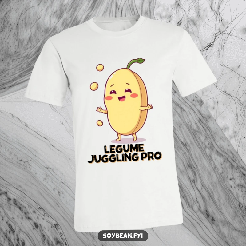 Funny jovial soybean t-shirt, grinning bean juggling pods, cheerful veggie graphic, comfortable and fun apparel.