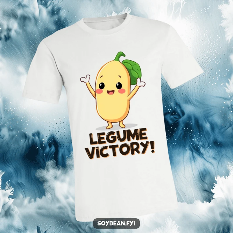 Funny t-shirt showcasing a smiling soybean character in a triumphant pose, proudly displaying its three bean pods, radiating pure joy and accomplishment.