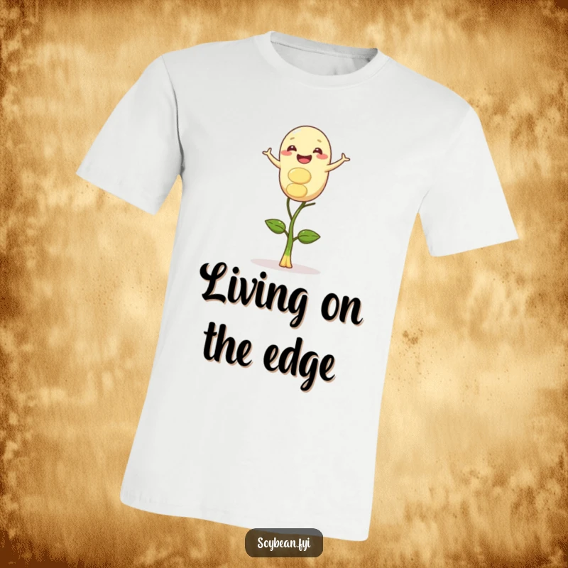 Funny t-shirt design of a joyful soybean character balancing effortlessly on a single sprout, exuding pure delight.