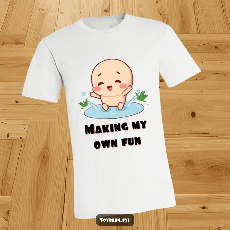 Funny t-shirt showcasing a happy soybean character joyfully splashing in a small puddle, embodying carefree fun and the happiness of simple pleasures.