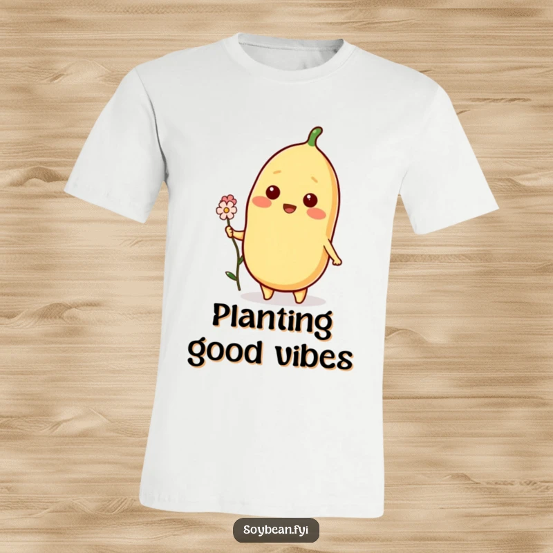 Funny Soybean T-Shirt depicting a beaming soybean character presenting a small flower, celebrating kindness and gentle humor.