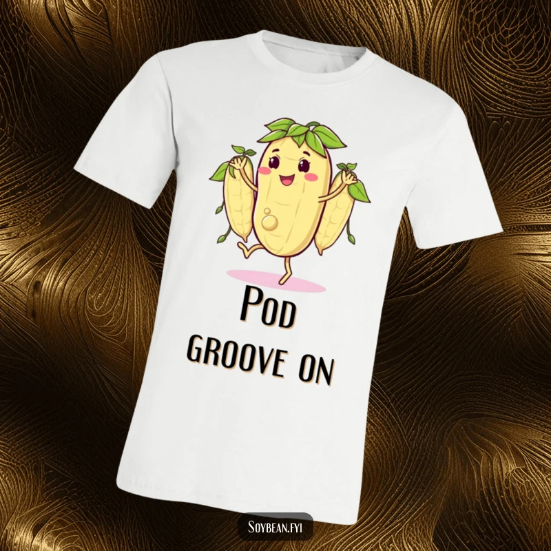 Funny t-shirt depicting a happy soybean character doing a lively jig with its bean pods moving rhythmically in sync, full of joy.
