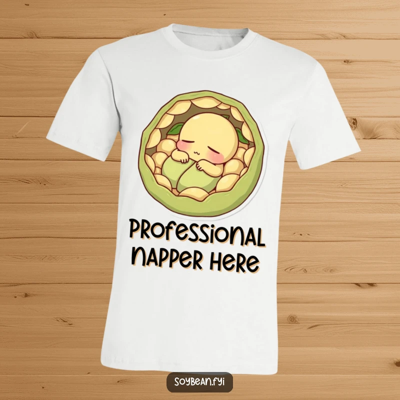 Funny contented soybean napping peacefully in its pods depicted on a t-shirt.