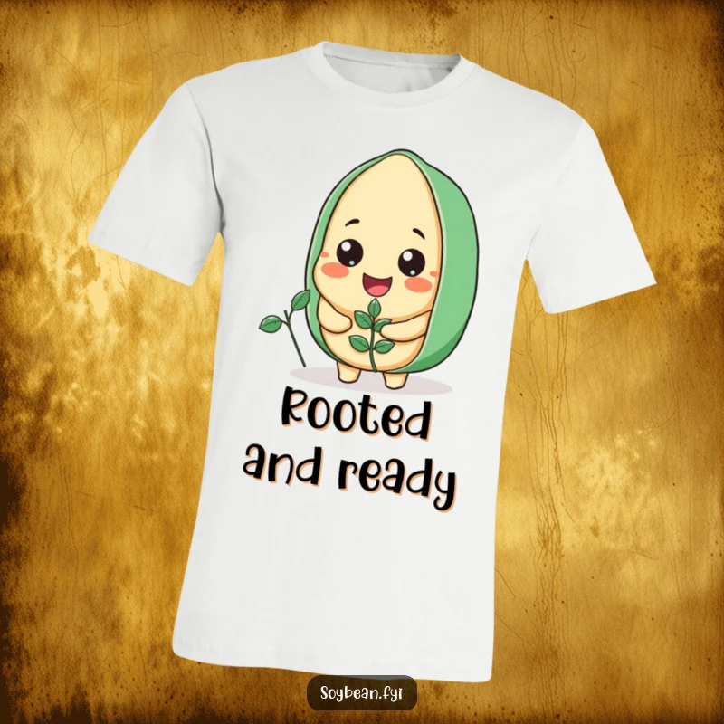 Funny Soybean T-Shirt showcasing a beaming soybean character holding a tiny plant, symbolizing growth and positivity.