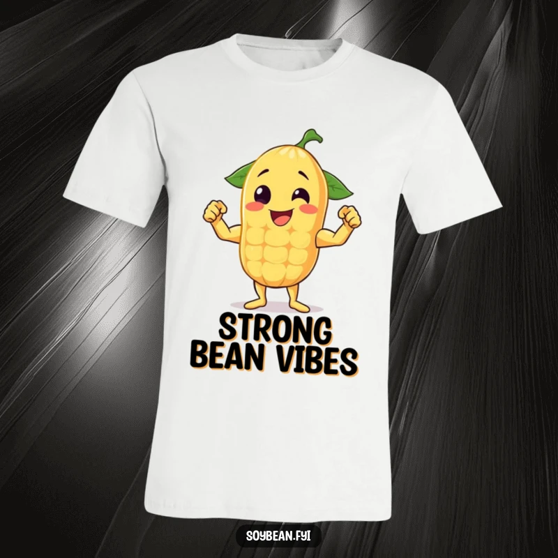 Funny T-shirt featuring a cheerful anthropomorphic soybean flexing its muscles powerfully, showcasing fun and fitness.