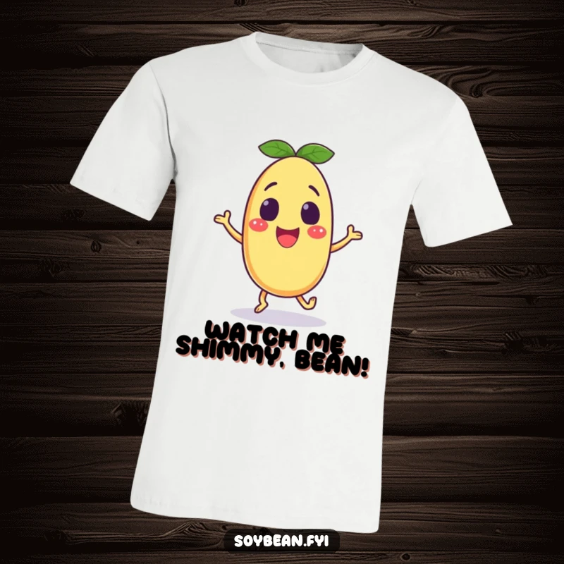 Funny soybean t-shirt with an excited anthropomorphic character doing a happy shuffle, showing energy and cartoon fun.