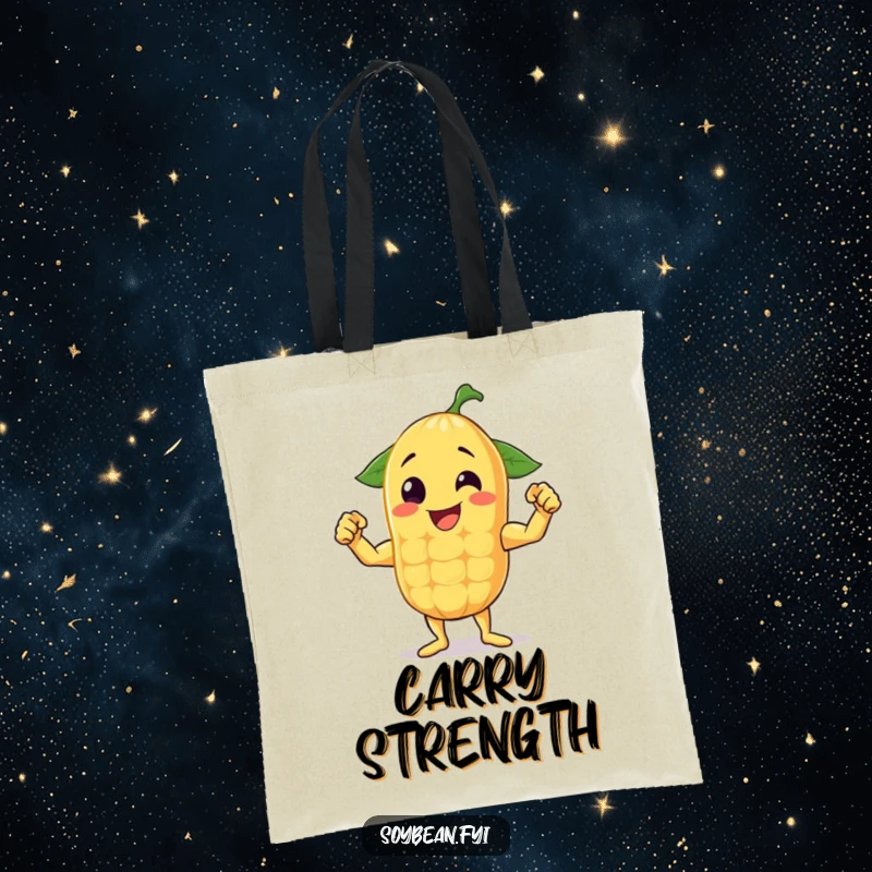 Funny tote bag with a cheerful anthropomorphic soybean flexing its muscles, great for carrying items with humor.