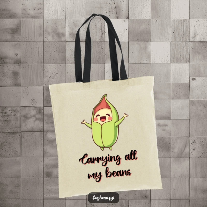 Funny tote bag depicting a happy soybean pod bursting open, symbolizing abundance and joy, a practical and humorous accessory.