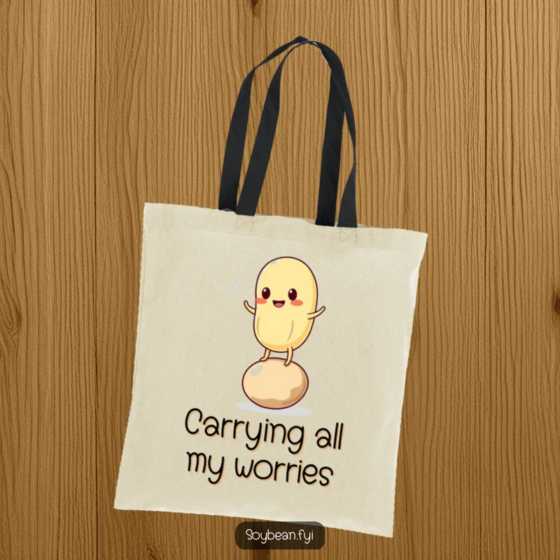 Funny tote bag vividly illustrating a kawaii soybean character struggling to maintain balance on a single bean, exuding adorable humor.