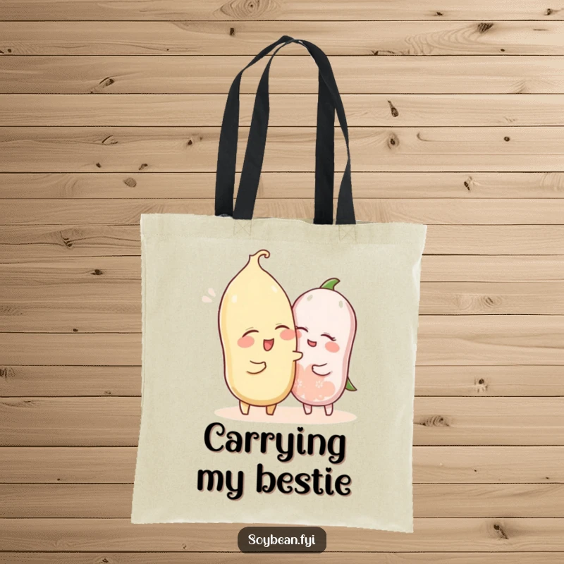 Funny tote bag illustrating a winking soybean character playfully nudging another, perfect for carrying your friendly essentials.