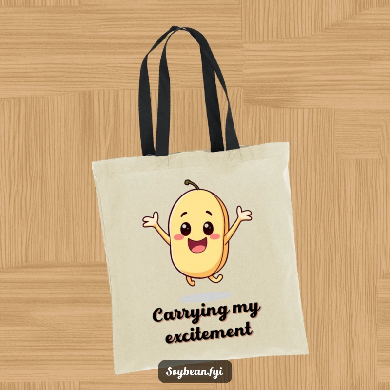 Funny tote bag with a happy soybean character jumping with excitement, perfect for carrying essentials with a dose of cheerfulness.