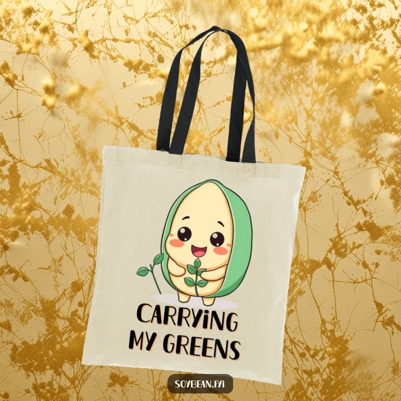 Funny Soybean Tote Bag featuring a big-smiling soybean character holding a little plant, ideal for eco-friendly shopping.