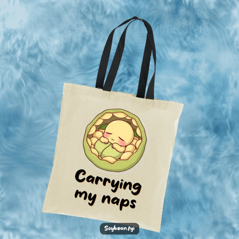 Funny contented soybean napping within pods on a durable tote bag.