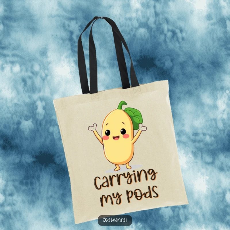 Funny tote bag with a smiling soybean character in a triumphant pose, holding its three bean pods, perfect for carrying groceries with humor.