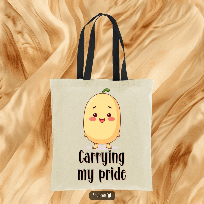 Funny proud soybean standing tall with a rosy blush on a durable tote bag.