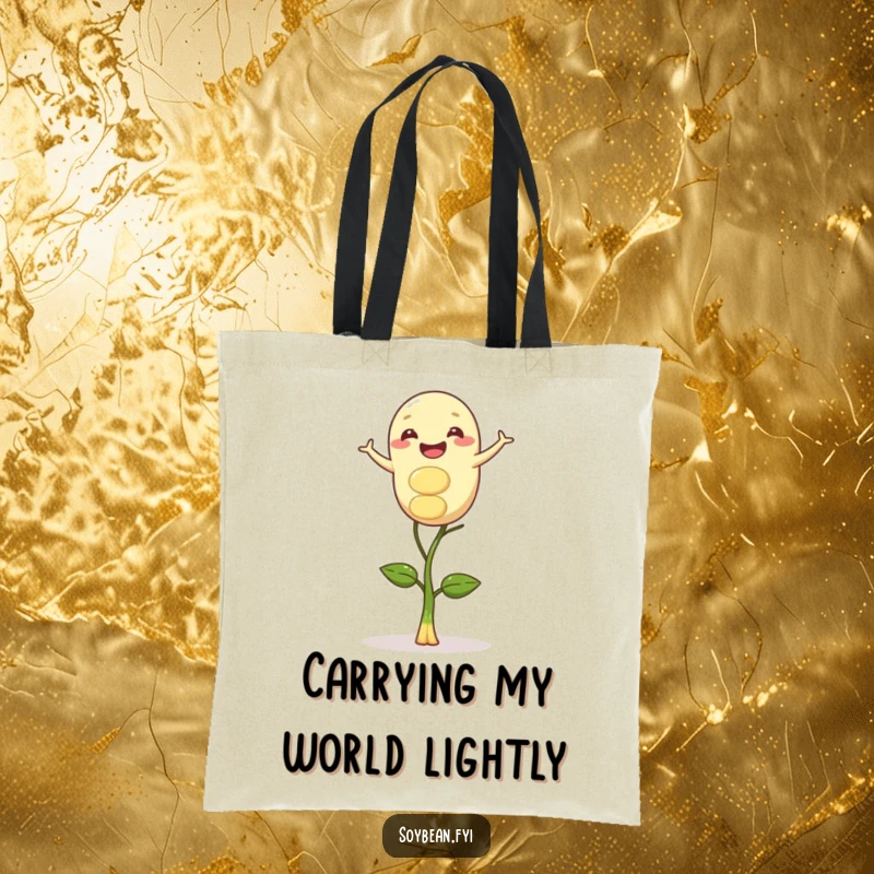 Funny tote bag illustrating a gleeful soybean character balancing with impressive skill on a tiny sprout, perfect for daily carrying.