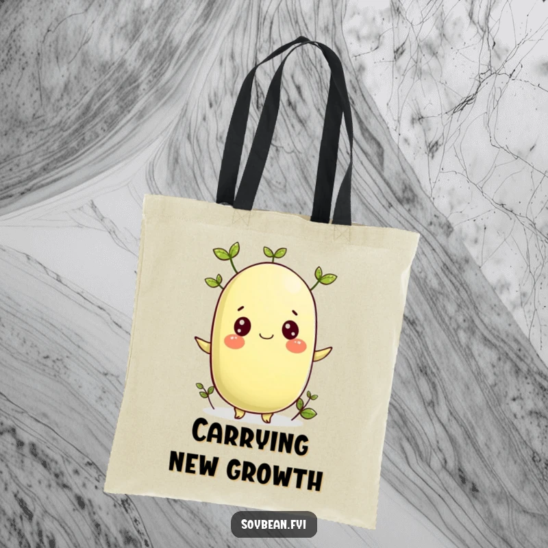 Funny tote bag featuring a cheerful soybean with tiny sprouting leaves, representing growth and natural beauty.