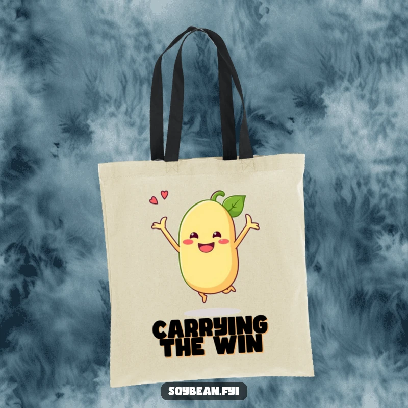 Funny soybean tote bag showcasing a grinning anthropomorphic soybean doing a celebratory jump, perfect for humorous and practical use.