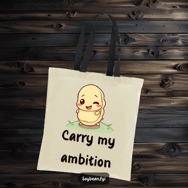 Funny tote bag showcasing a happy soybean determinedly rolling uphill, symbolizing perseverance.