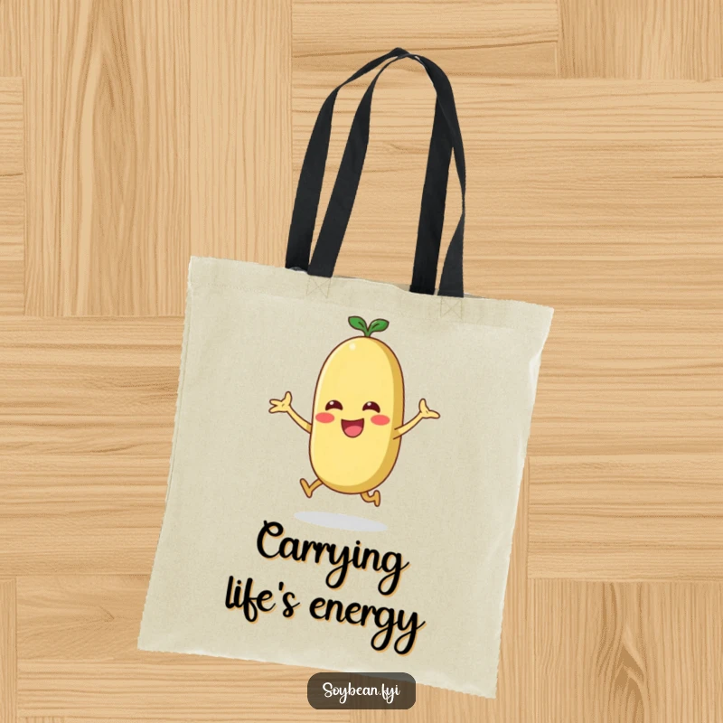 Funny energetic soybean doing a jumping jack on a durable tote bag, promoting an active lifestyle.