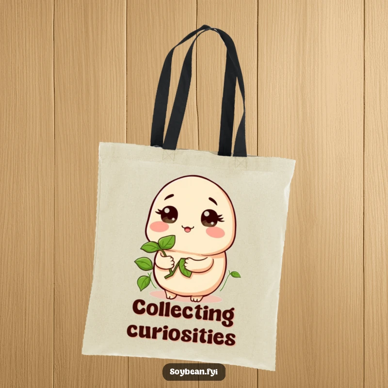Funny tote bag showcasing a kawaii soybean holding a sprout and looking curious, a humorous and practical item for carrying essentials, a great funny gift.