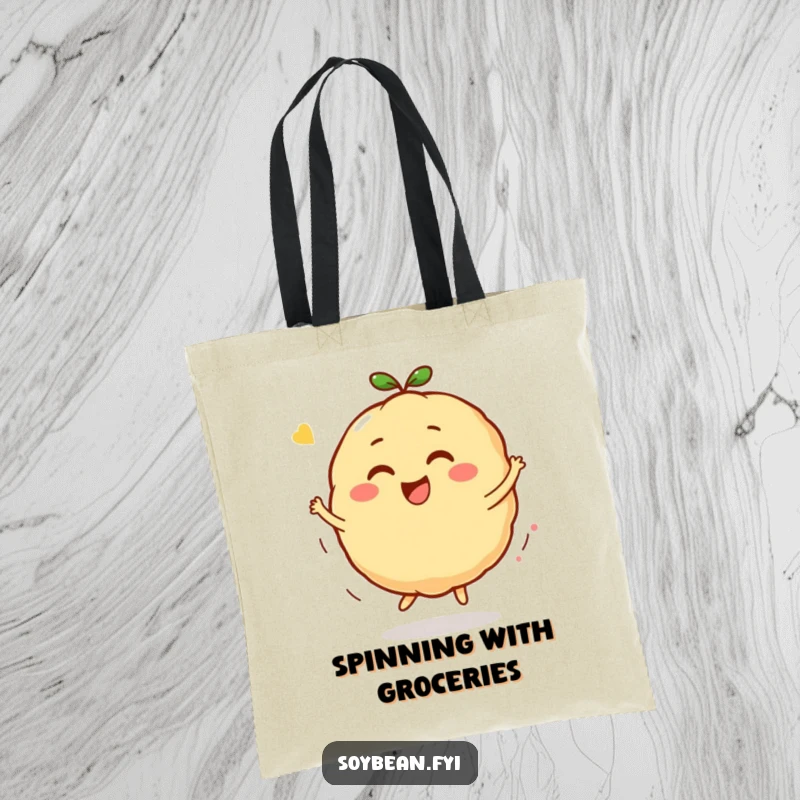 Funny Kawaii soybean character tote bag, illustrating the character in a dynamic bounce and spin with a look of pure joy.