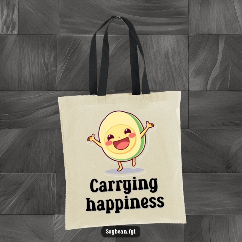 Funny tote bag showcasing a kawaii soybean doing a cartwheel with a large grin, a humorous and practical item for carrying essentials, a great funny gift.