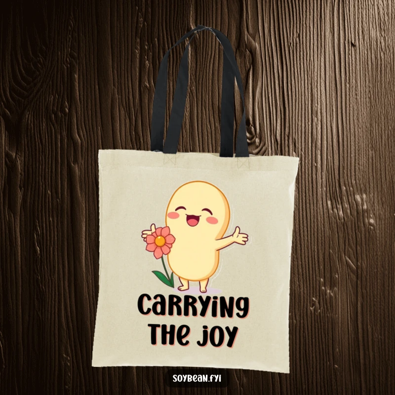 Funny kawaii soybean character joyfully embracing a flower with outstretched arms, printed on a reusable tote bag.