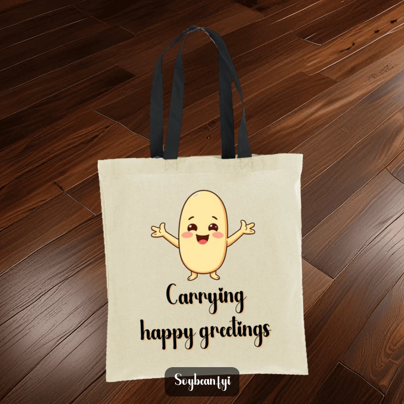 Funny Kawaii soybean character tote bag, illustrating the character with arms spread wide in a cheerful, friendly greeting.