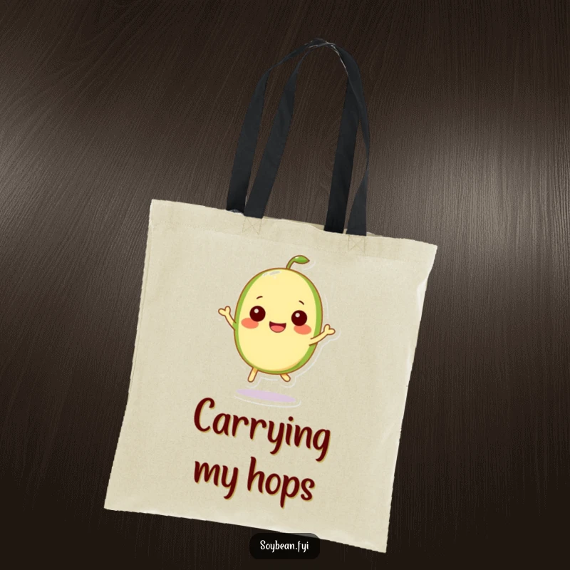 Funny Kawaii soybean character depicted in a cute little hop, radiating happiness on this tote bag.