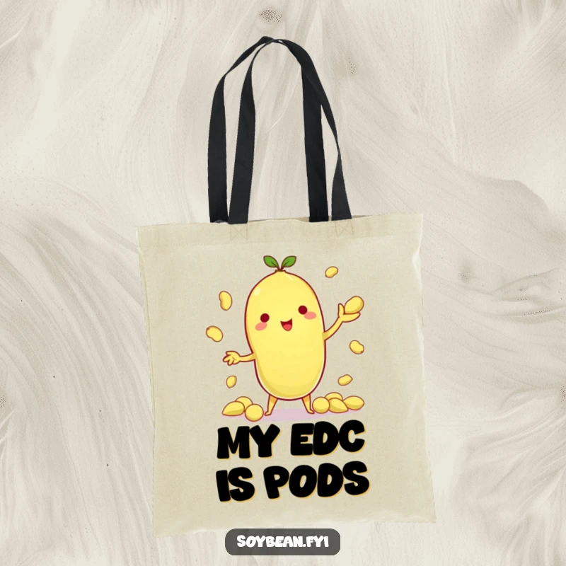 Funny tote bag illustrating a kawaii soybean character juggling numerous small edamame pods, embodying skill and playful energy.