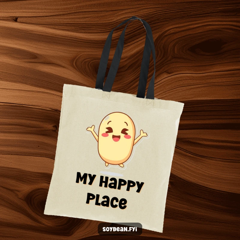 Funny tote bag illustrating a kawaii soybean character in a dynamic jump with amusingly crossed eyes, symbolizing unrestrained happiness.